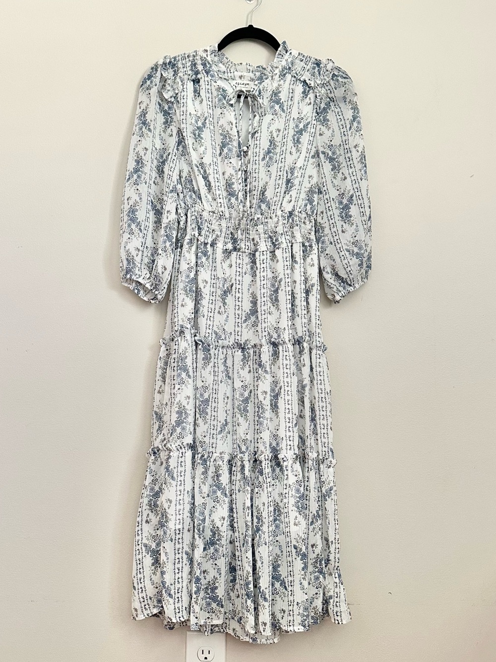 Blu Pepper White and Blue Floral Smocked Tiered Midi Dress